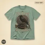 Chalky mint Comfort Colors t-shirt with Gothic raven illustration and Nevermore typography -- Edgar Allan Poe literary design
