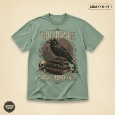 Chalky mint Comfort Colors t-shirt with Gothic raven illustration and Nevermore typography -- Edgar Allan Poe literary design
