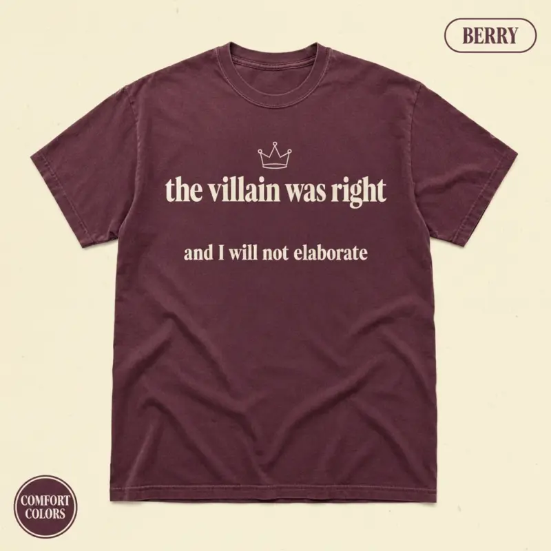 the-villain-was-right-fantasy-reader-funny-bookish-garment-dyed-t-shirt-romantasy-tee-studio-frontal-berry.webp Comfort Colors garment-dyed t-shirt in Berry with The Villain Was Right typographic print for fantasy and romantasy readers