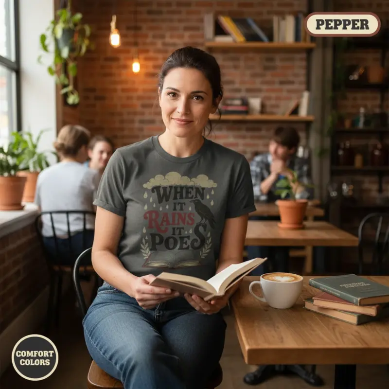 when it rains it poes t shirt coffee shop female pepper