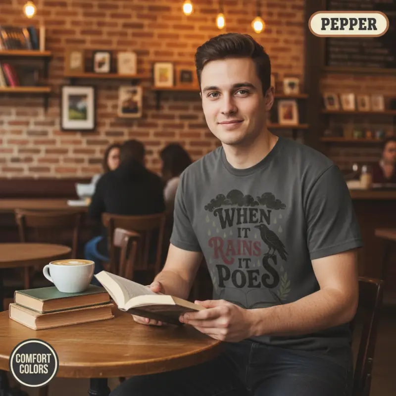 when it rains it poes t shirt coffee shop male pepper